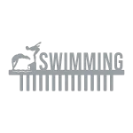 Steel medal holder featuring the word 'SWIMMING' with two male swimmers in dive positions on the left, and 16 hooks below for hanging medals. Made of raw steel with a precise laser-cut design.